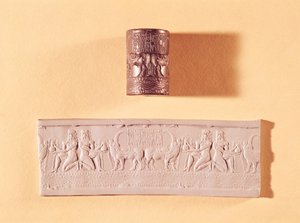 Akkadisk cylinderforsegling og aftryk af Shar-kali-sharri (ca. 2217-c. 2193 f.Kr.) Konge af Akkad, Mesopotamien, ca. 2340-2100 f.Kr. (marmor)